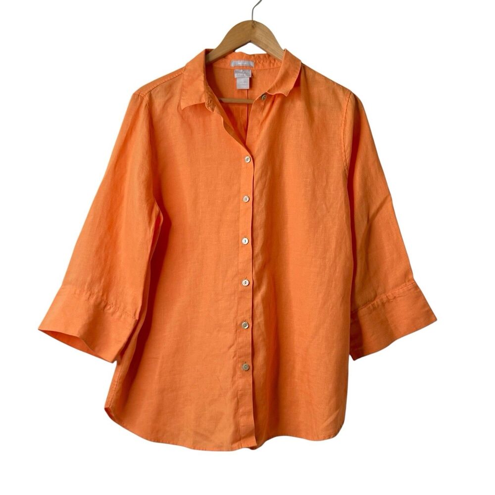 Chico's No Iron 100% Linen Orange Button Up Shirt 3/4 Sleeve Sz 2 US 12 Beachy